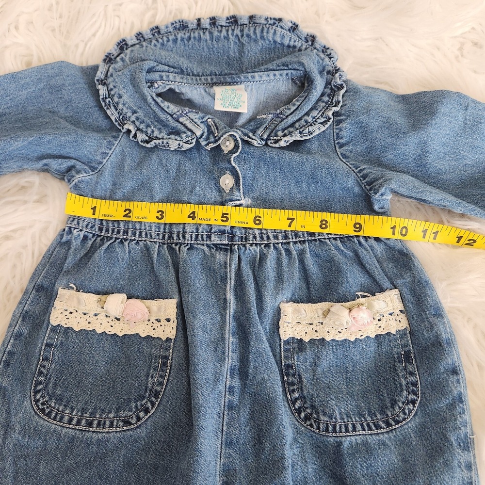 Vintage Baby Girl Denim Overall 6M Rose Lace Snap on Class Club 100% Cotton - Picture 5 of 8